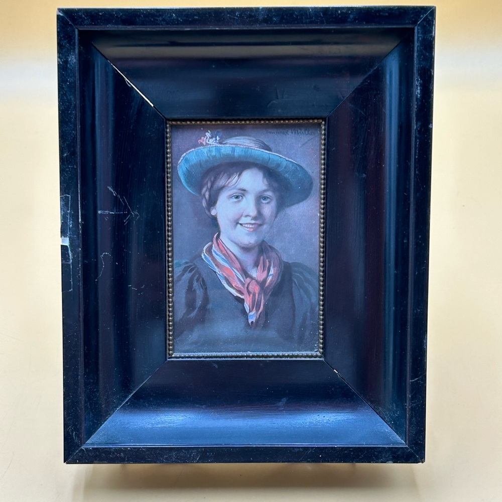 Antique lady portrait signed by artist, lady with hat and scarf